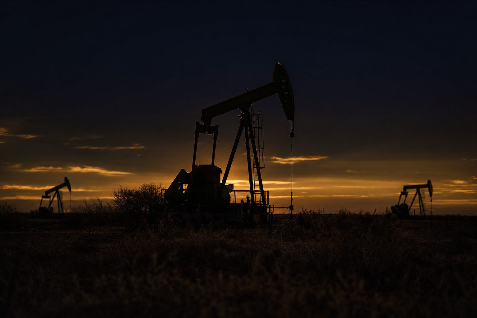 Pumpjacks on Permian Basin scrubland at dusk — illustrative