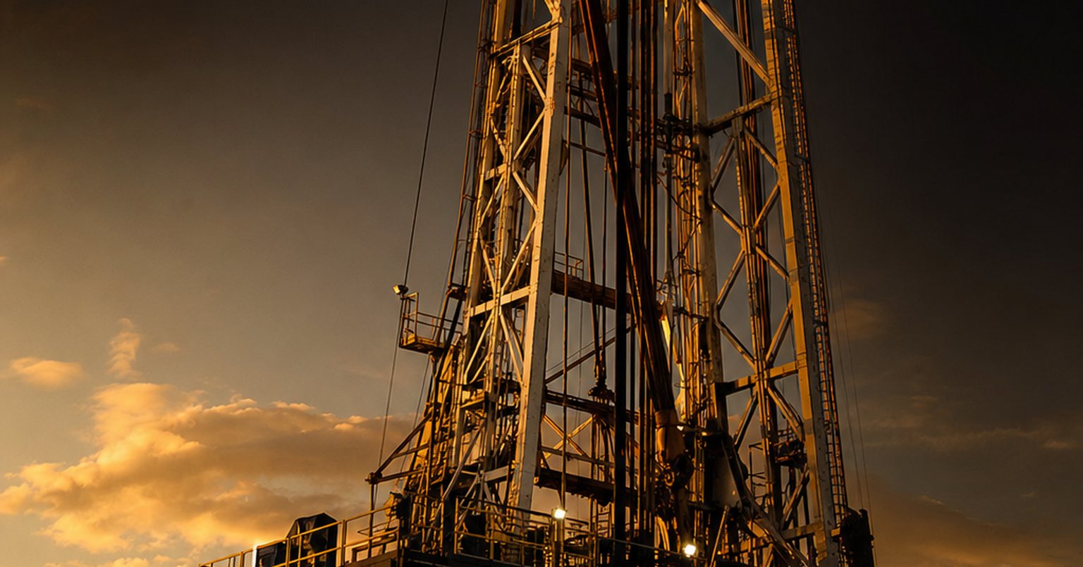 Drilling rig derrick at golden hour — illustrative
