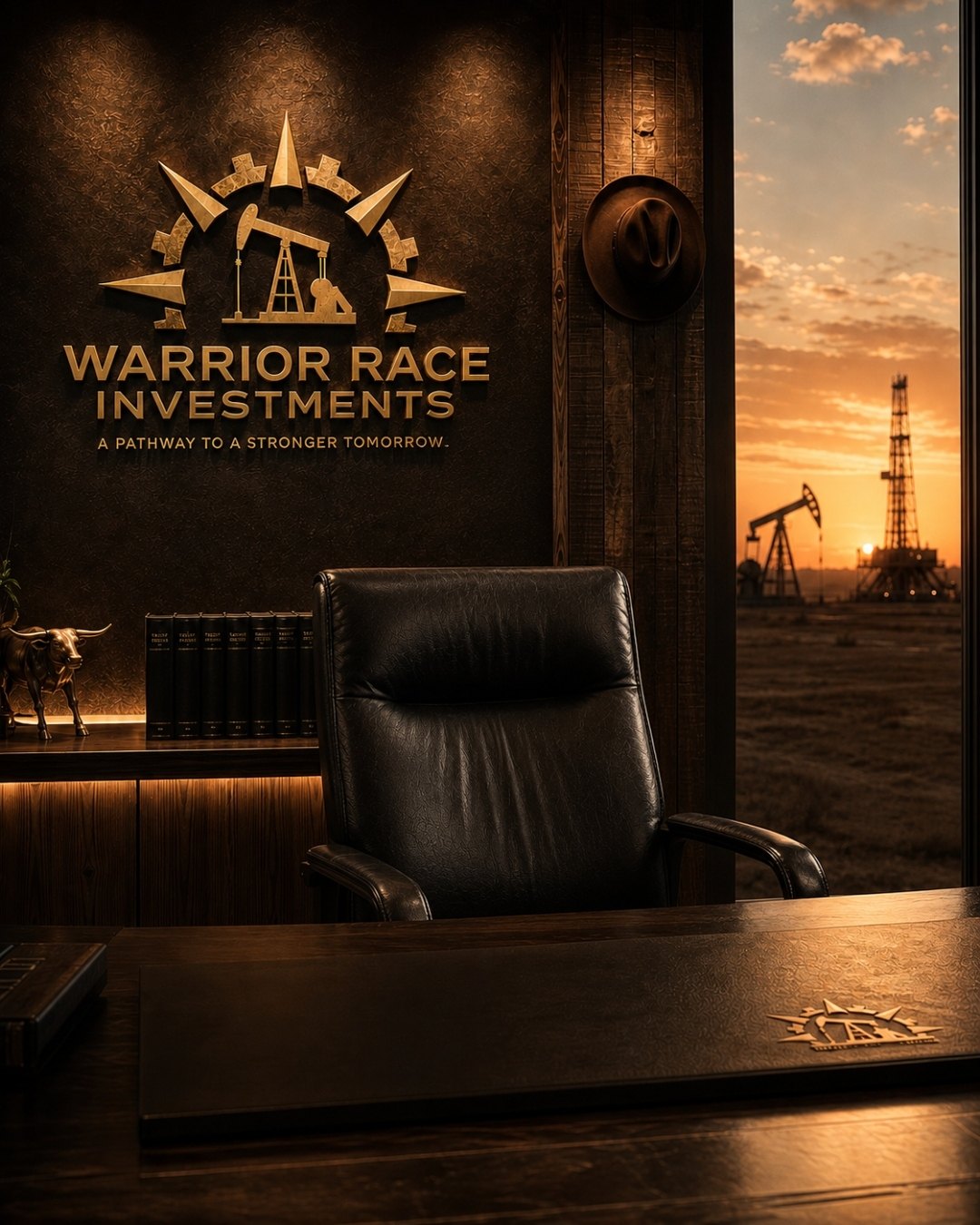 Warrior Race Investments executive office with a view of an oilfield at sunset — illustrative