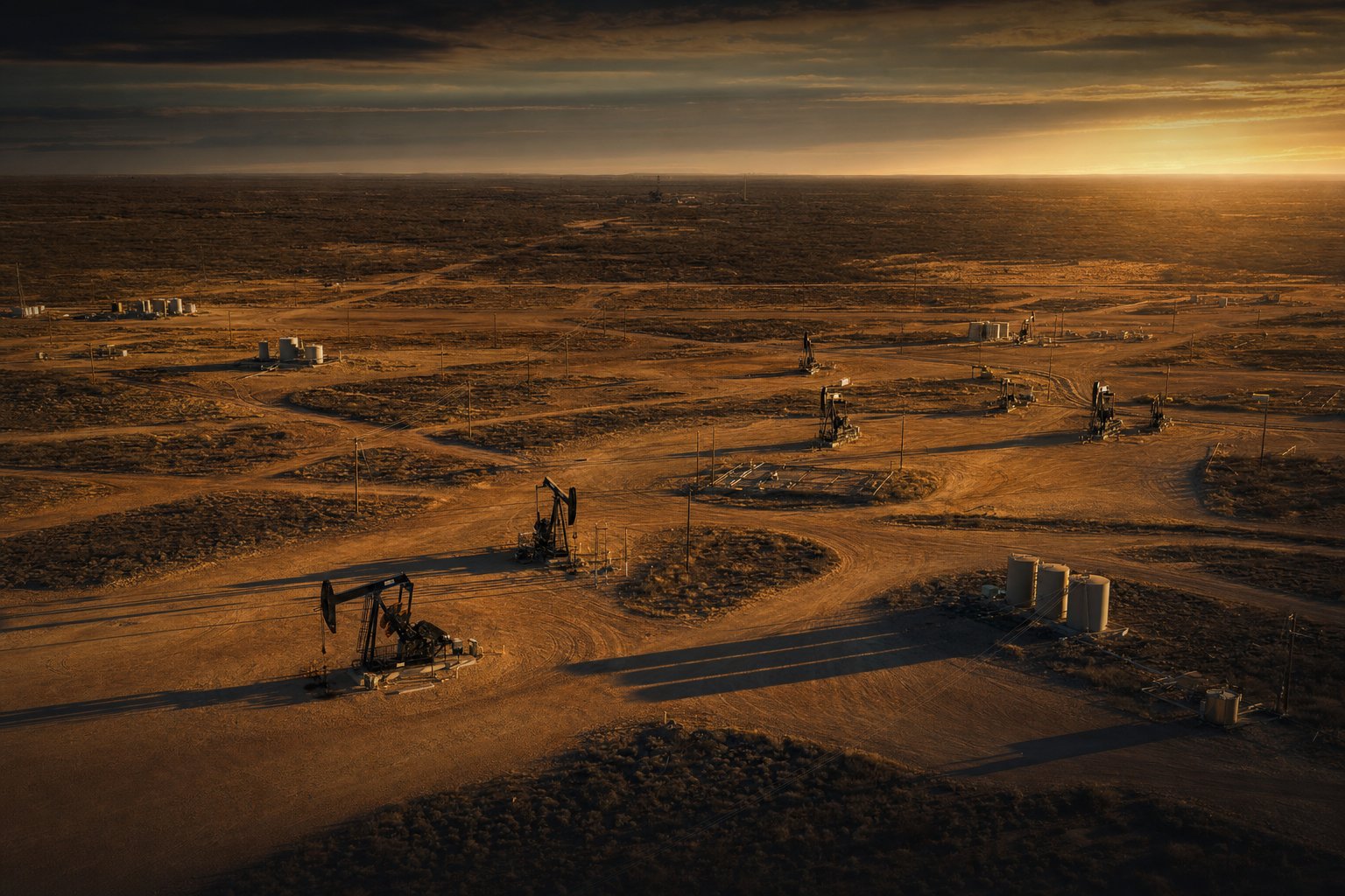 Aerial view of a Permian Basin development area at sunset — illustrative
